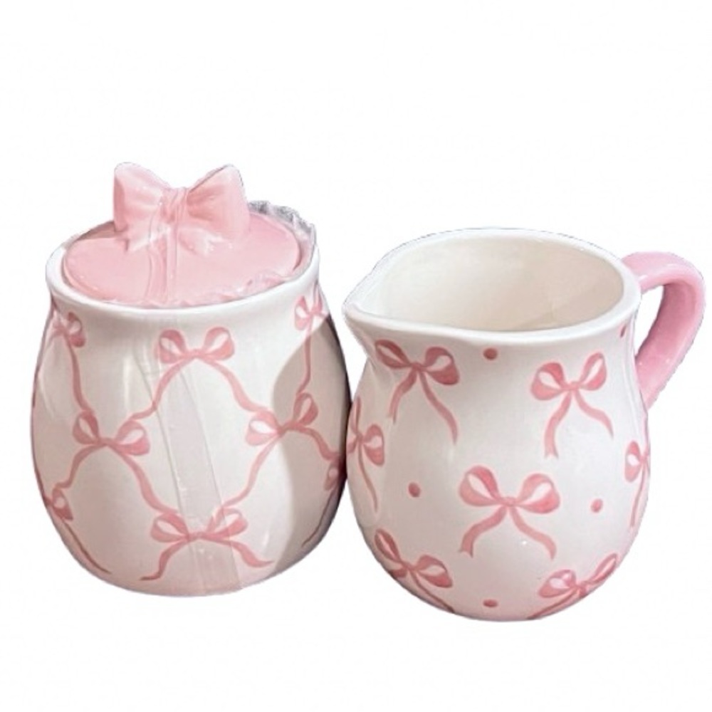 🆕- Pink Bow Coquette Ceramic Creamer and Sugar Set